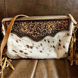 “Myra” Brown and Cream Leather Crossbody Bag
